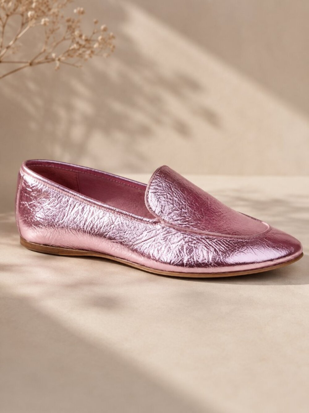ZVELLE V Metallic Pink Crinkle Leather Moccasin Loafers